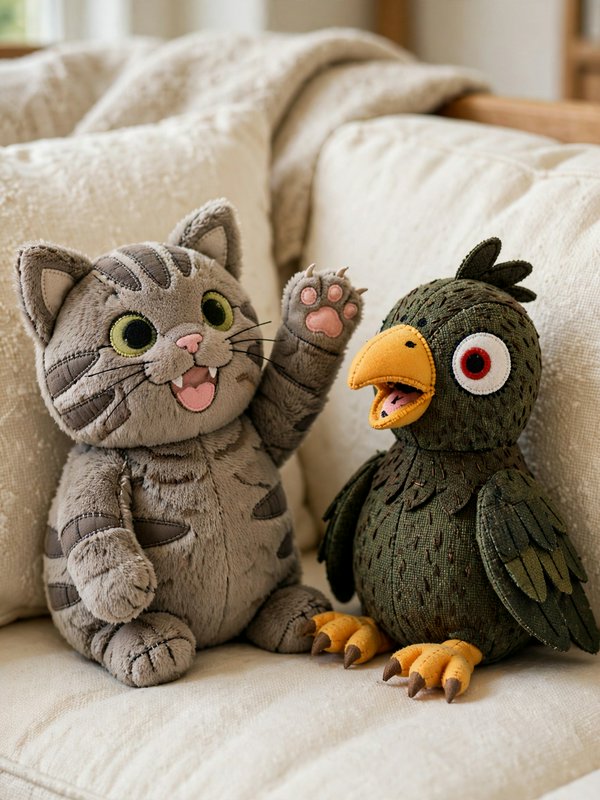 Hand-stitched grey tabby cat plush waving next to a quirky green bird stuffed toy on a soft cream...