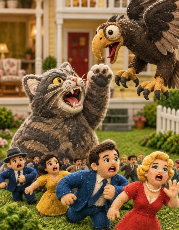 Needle-felt diorama of a giant snarling tabby cat swatting at an eagle, with shocked retro townsp...