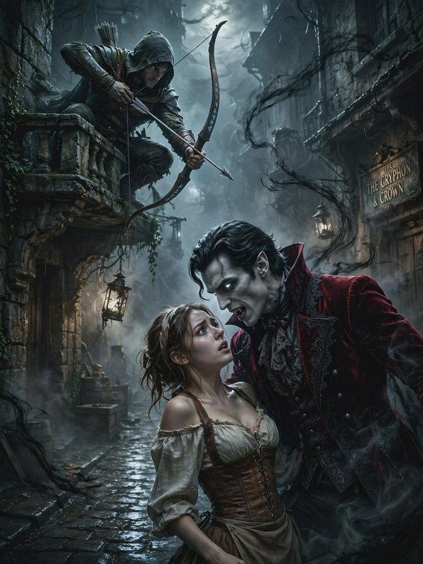 Hooded archer perched on a stone balcony aims a bow at a menacing vampire threatening a frightene...