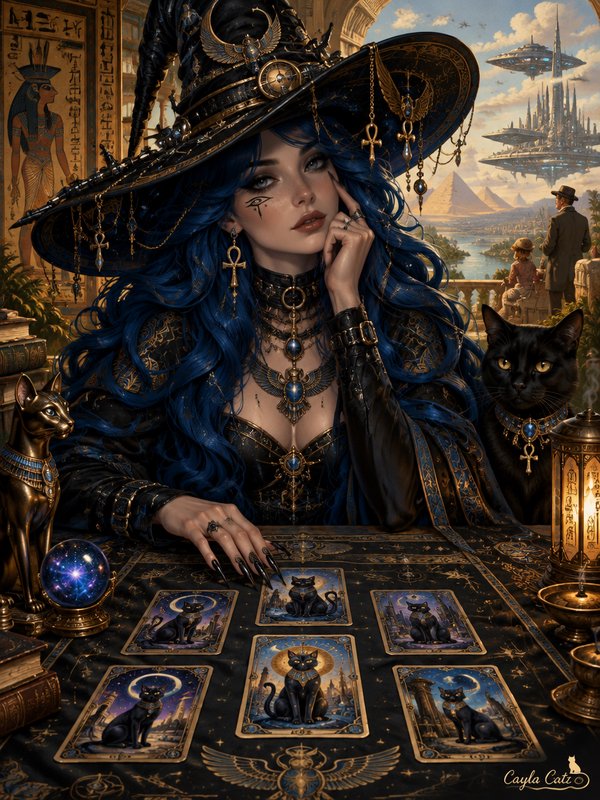 Ornate steampunk Egyptian fortune teller with long blue hair sits at a tarot reading table, black...