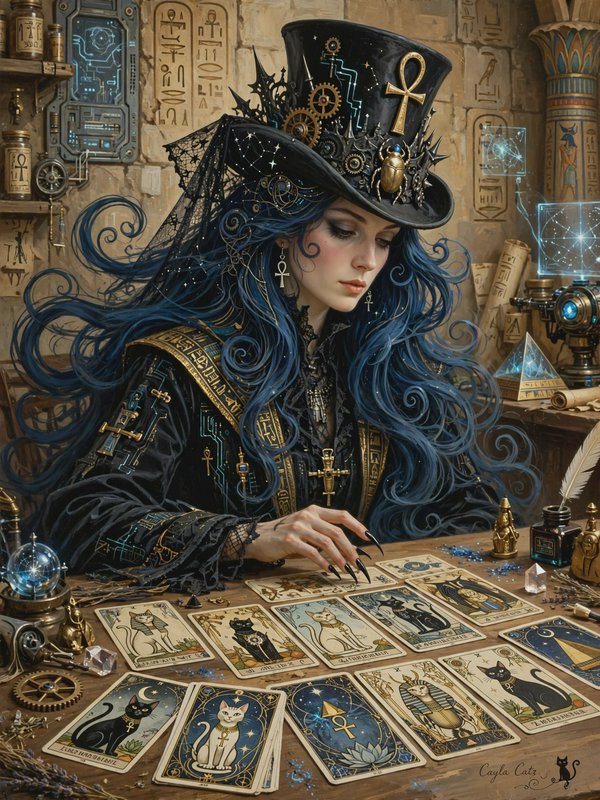 Ornate steampunk Egyptian mystic with long curly blue hair reads cat-themed tarot cards at a ston...