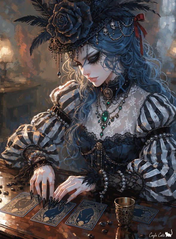 Gothic fortune teller with long blue hair and ornate feathered hat reading tarot cards at a woode...
