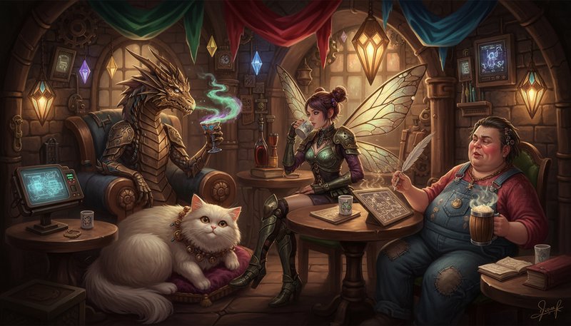 Cozy steampunk fantasy tavern scene with armored dragon, fae warrior, patron, and fluffy white ca...