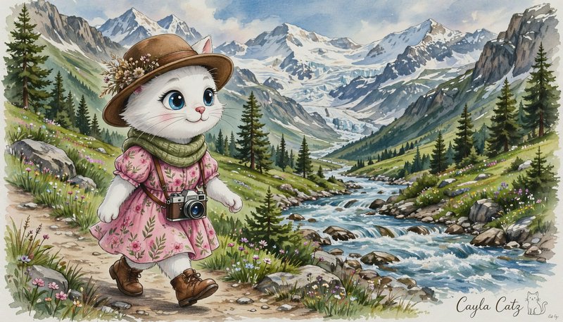 Cute anthropomorphic white cat hiker with a camera walks on an alpine trail beside a rushing moun...