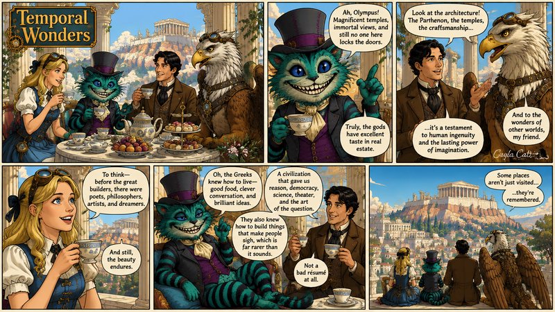 Steampunk Temporal Wonders comic of a group including a top-hatted Cheshire Cat and gryphon enjoy...
