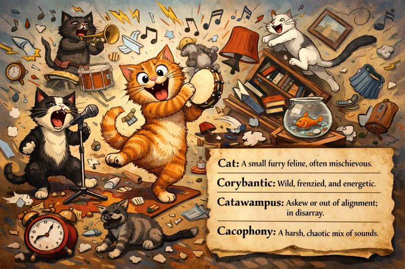 Whimsical chaotic cartoon of playful mischievous cats making loud music, with a panel defining quirky cat-themed