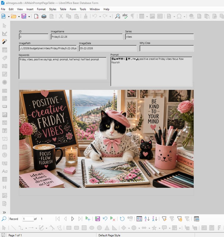 [Screenshot of a database form displaying a whimsical illustration of a tuxedo cat in a pink beret drawing at a cozy paste...