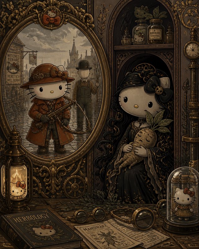 Gothic steampunk Hello Kitty fantasy scene, with a herbology desk and ornate mirror reflecting a Victorian cobblestone