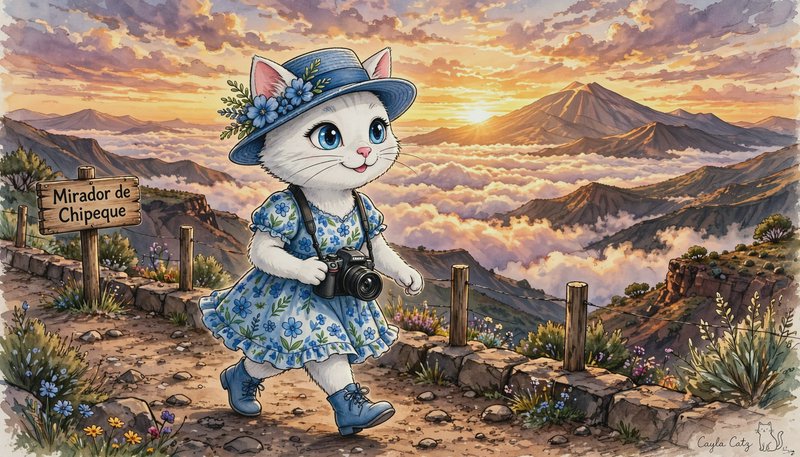 Cute anthropomorphic white cat tourist with a camera explores a mountain viewpoint overlooking a sea of clouds at