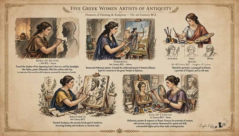 Vintage infographic profiling five pioneering women artists of ancient Greek antiquity on an aged parchment layout