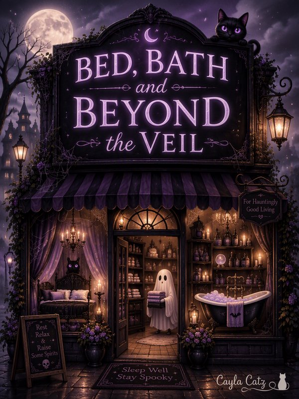 Whimsigoth "Bed Bath and Beyond the Veil" storefront with a ghost clerk on a full moon Halloween night