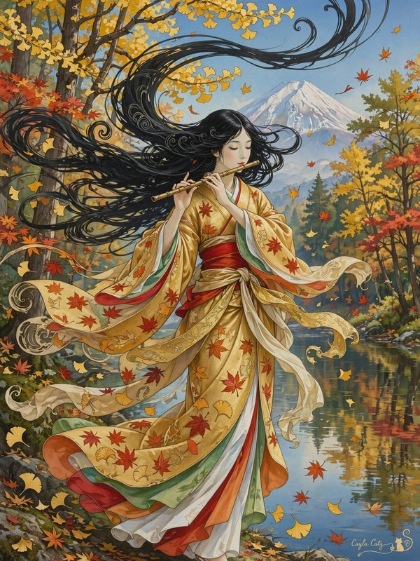 Woman in a golden maple-print kimono plays flute by an autumn lake with Mount Fuji in the distance