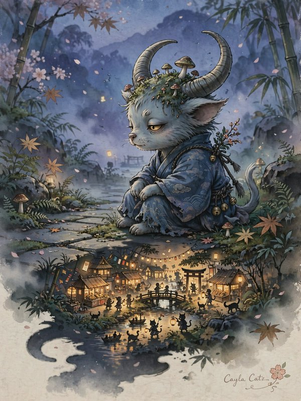 Horned cat yokai sits perched on a stone path above a tiny glowing cat village in a misty dusk forest