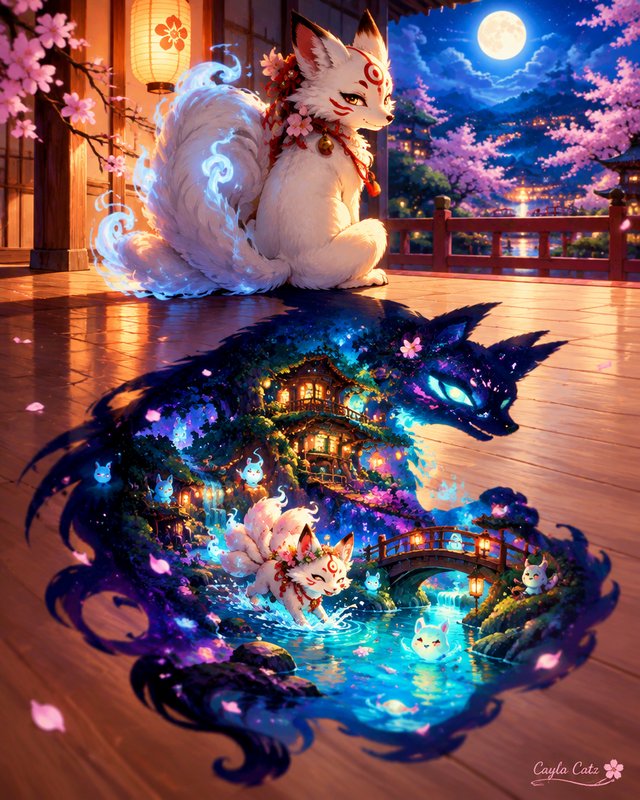 Sacred white kitsune sits on a temple veranda, its reflection revealing a glowing magical spirit world