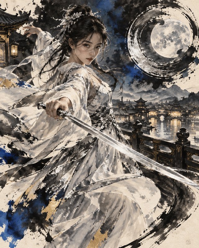 Female wuxia warrior in flowing ink-wash hanfu points a drawn sword toward the viewer under a full moon