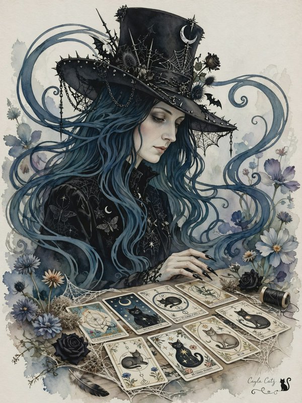 Gothic witch with long wavy blue hair reads cat-themed tarot cards surrounded by dark florals and cobwebs