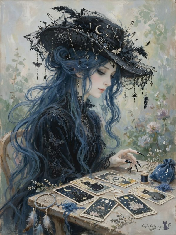 Ethereal blue-haired gothic fortune teller reads tarot cards at a garden work table