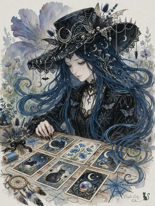 Gothic witch with an ornate black hat lays out cat-themed tarot cards on a wooden table