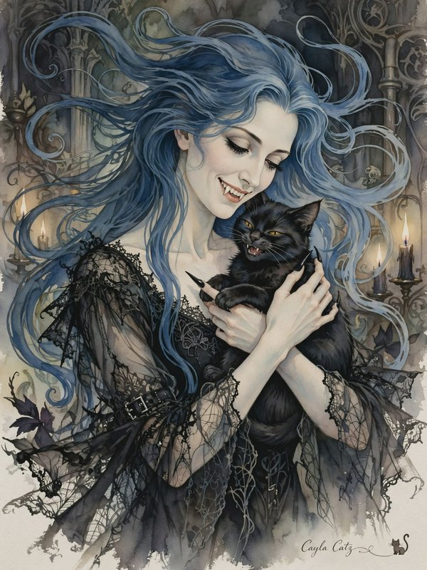 Pale blue-haired gothic vampire woman holding a hissing black cat in a candlelit manor interior