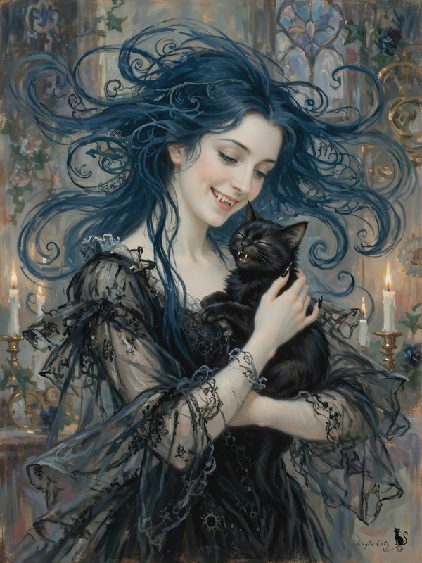 Smiling vampire woman with swirling blue hair holds a fanged black kitten, both baring their teeth.