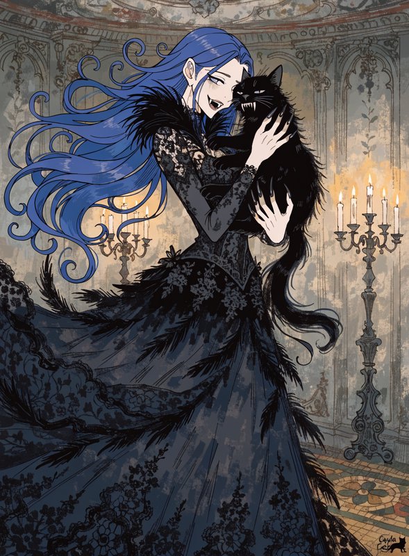 Smiling blue-haired gothic vampire woman holds a fanged black cat in a candlelit ornate ballroom