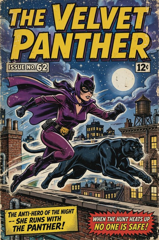 Vintage comic book cover of cat-themed antihero Velvet Panther leaping across city rooftops with a black panther companion