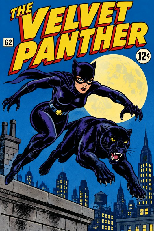 Retro comic cover of heroine The Velvet Panther leaping with a black panther over a moonlit city rooftop
