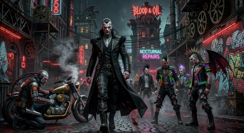Menacing tattooed vampire gang leader walks down a neon lit steampunk cyberpunk alley flanked by punk followers and a cyborg