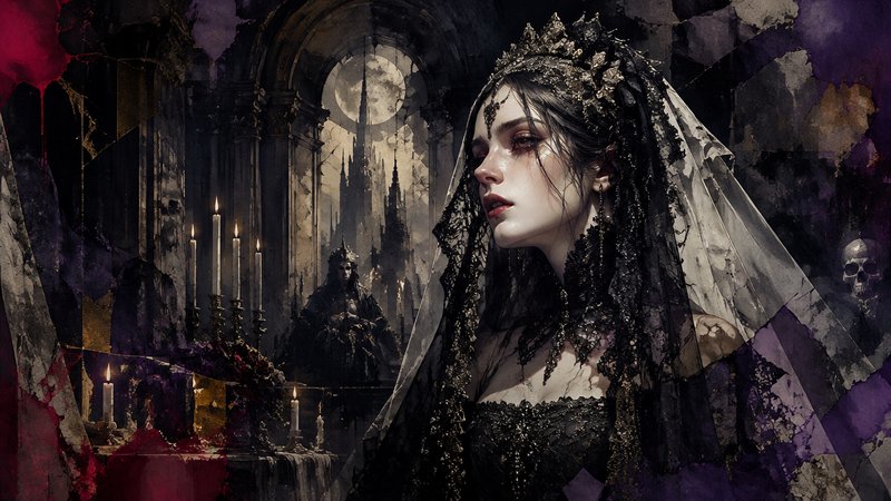 Gothic dark bride with ornate gilded crown and lace veil stands in a candlelit moonlit castle chamber