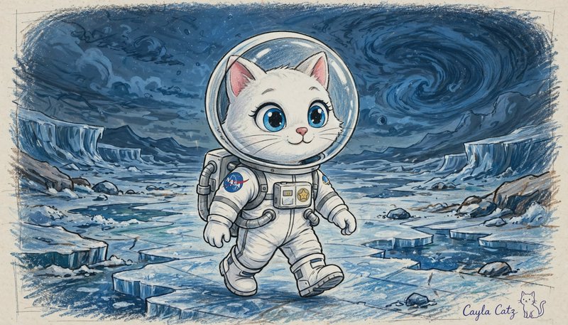 Cute big-eyed white cat in a NASA astronaut suit walks across an icy alien planet surface