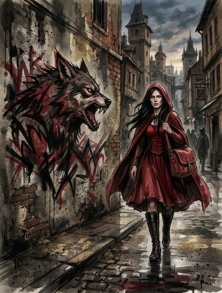 Red Riding Hood walks past snarling werewolf graffiti on a wet medieval cobblestone street
