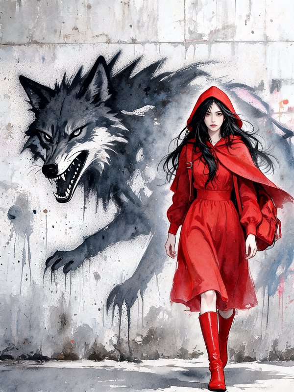 Little Red Riding Hood walks forward, a giant snarling wolf watercolor mural looming behind her