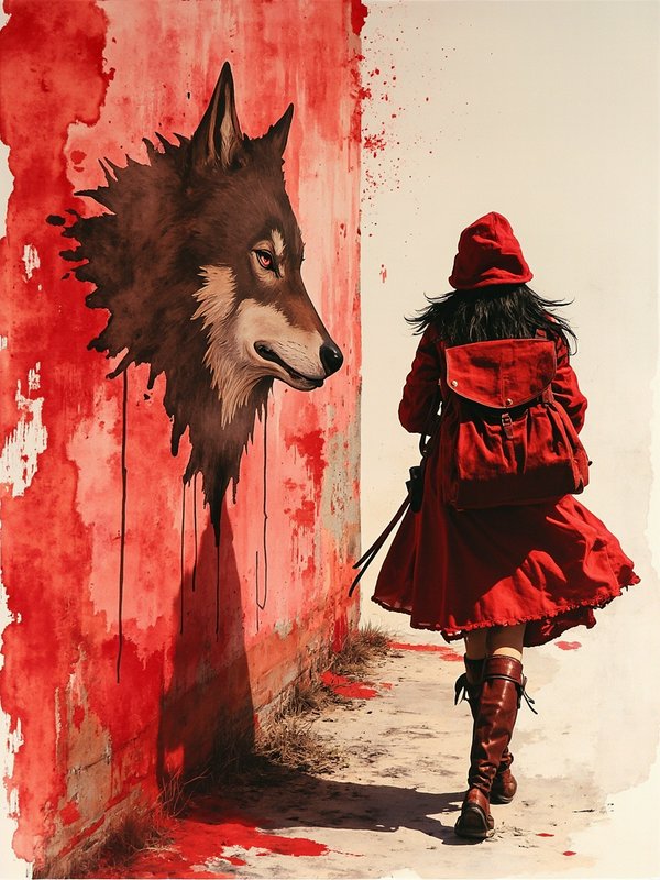 Little Red Riding Hood walks down a path beside a painted wolf head on a red stained wall