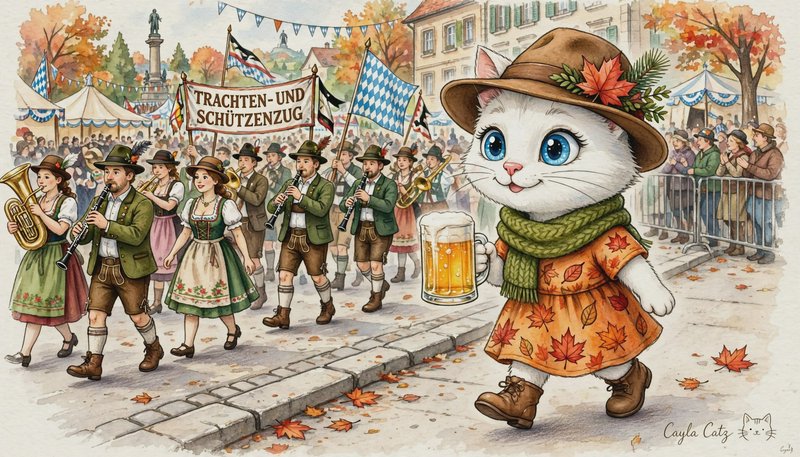 Anthropomorphic white cat holding a beer mug walks in a traditional Bavarian Oktoberfest street parade