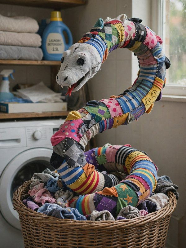 Handmade patchwork sock snake rising coiled from a wicker laundry basket in a residential laundry room