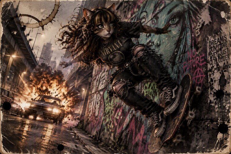 Anthropomorphic grunge cat girl skateboards on a graffiti wall beside an exploding city street
