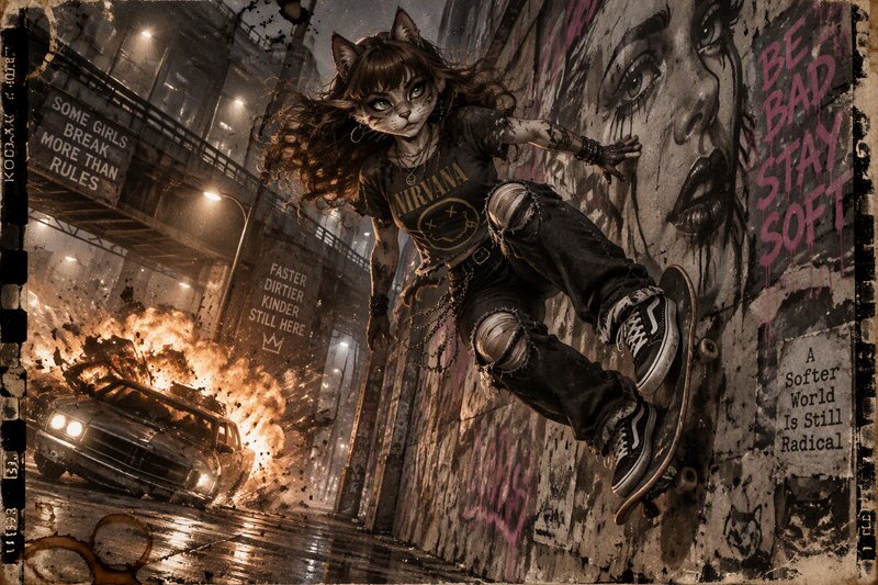Anthropomorphic punk cat girl skateboards on a graffiti alley wall beside a burning car in a gritty rainy city