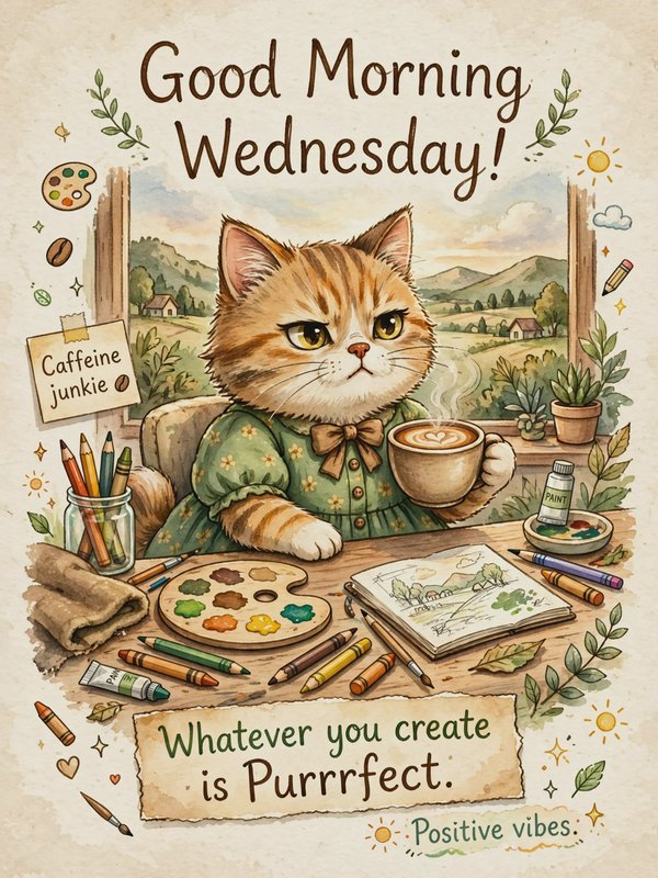 Cute tabby cat artist holding a latte at a craft desk with cheerful Good Morning Wednesday positive quote