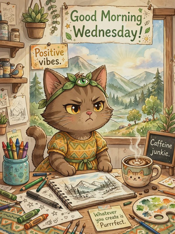Grumpy chibi tabby cat artist sits at a cozy craft desk with coffee and Wednesday motivational decor
