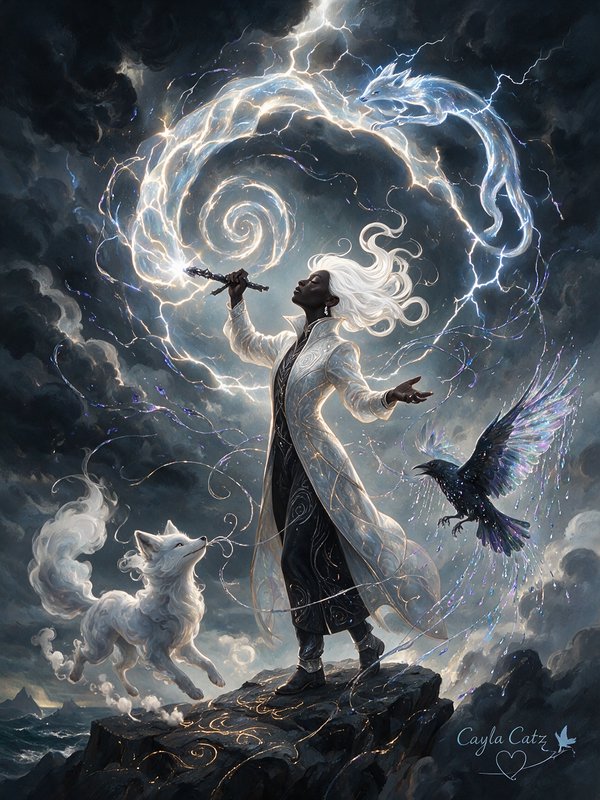 Storm sorceress conjures a lightning spirit from her wand atop a rocky cliff with fox and raven companions
