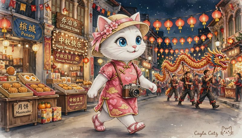 Cute cartoon cat in a pink cheongsam walks through a lit Penang Mid-Autumn Festival street with dragon dance performers