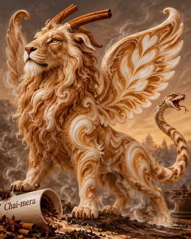 Chai-themed chimera with lion body, latte art wings, cinnamon horns stands next to a spilled chai mug