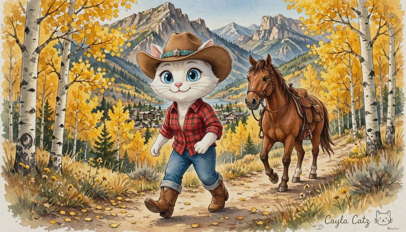 Cute anthropomorphic cowboy cat walks alongside a saddled chestnut horse on an autumn mountain trail