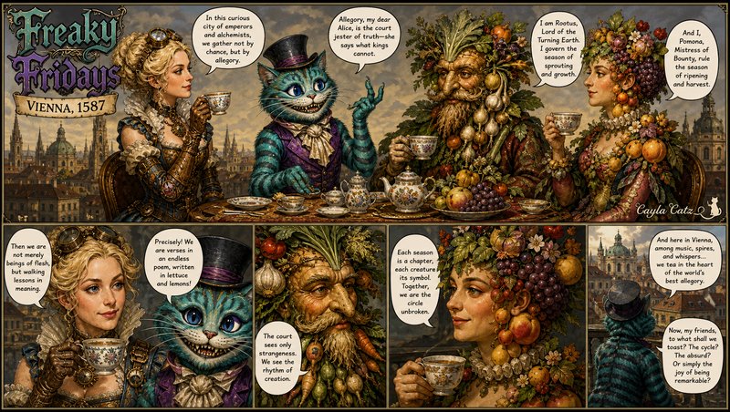 Fantasy comic panel of steampunk Alice, top-hatted Cheshire Cat, and harvest deities sharing tea in 1587 Vienna