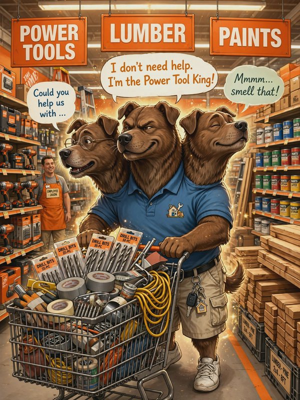 Three-headed cerberus "power tool king" dog shops with a full tool cart at a home improvement hardware store