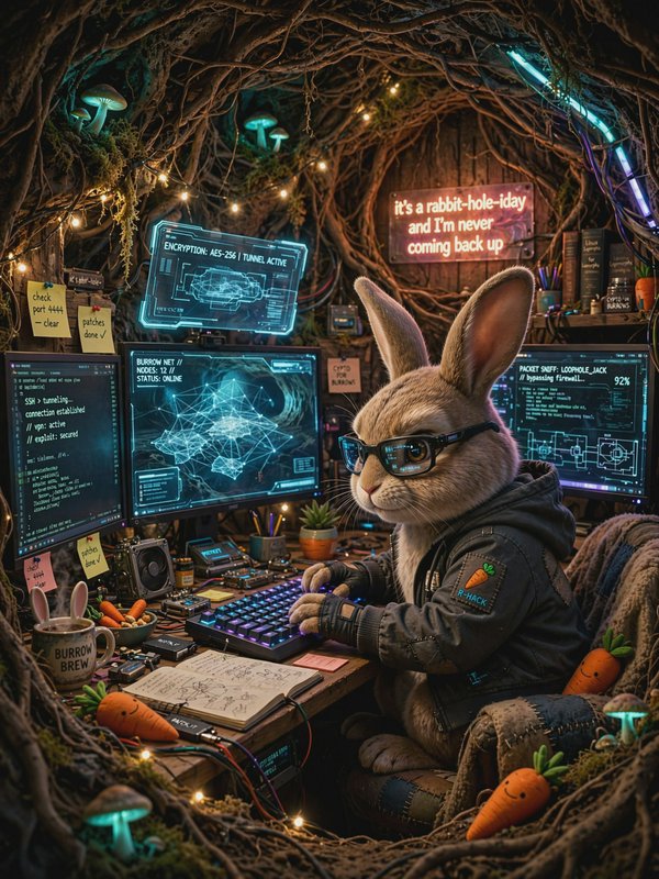 Anthropomorphic rabbit hacker wearing glasses types at a multi-monitor desk inside a cozy gnarled root burrow