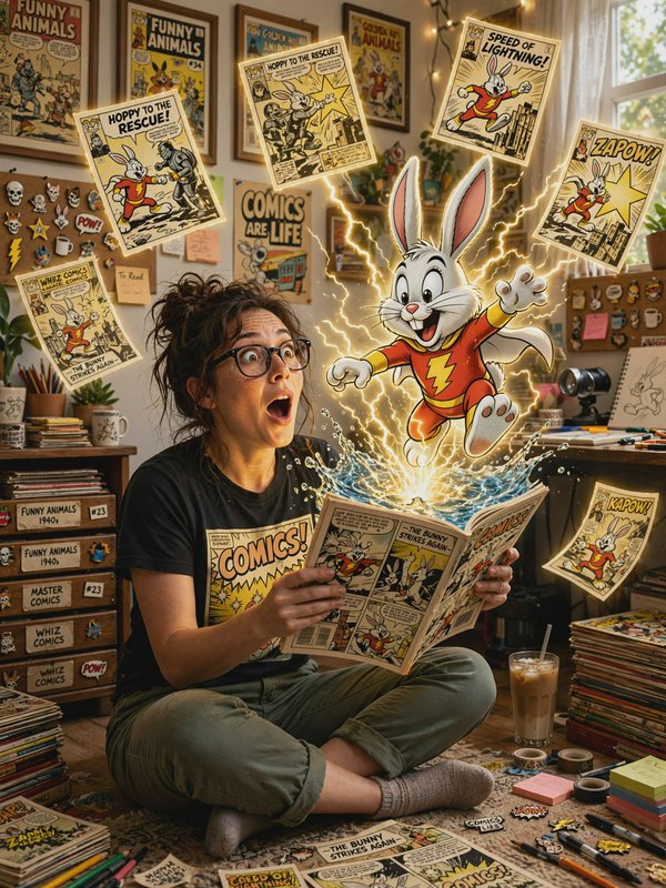 Shocked comic reader watches a caped superhero rabbit leap out of an open comic book in a cozy home studio