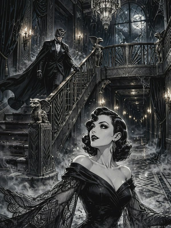 Glamorous vampire woman stands in a misty art deco mansion as a masked tuxedoed man descends a grand gargoyle-adorned