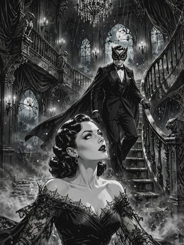 Masked tuxedoed gentleman descends a grand staircase behind a glamorous gothic woman in a crumbling stormy mansion