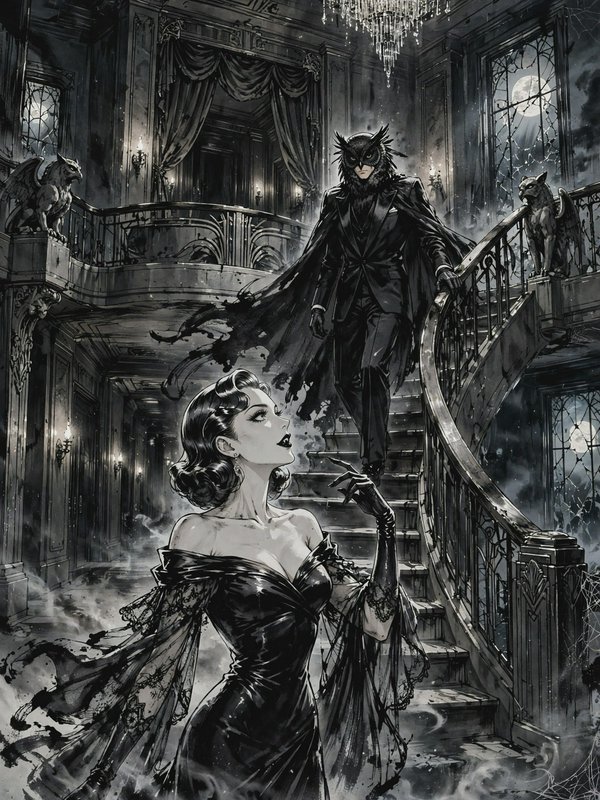 Glamorous vintage woman looks up at an owl-masked man descending a gothic mansion grand staircase